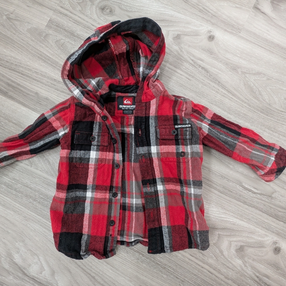 Quiksilver Red and Black Plaid Hooded Shirt
